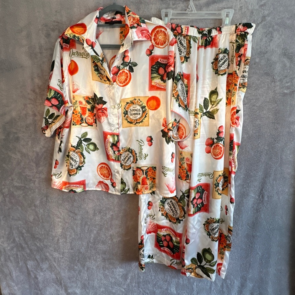Midnight Bakery Fruit Print 2pc Pajama Set M Satin Pants Loungewear Tropical